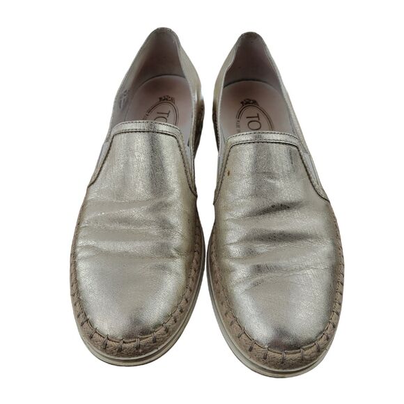 Tod's Metallic Gold Leather Slip On Loafers Rope Trim Womens Size 6 36 Comfort - Picture 3 of 11